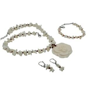 Vintage H.K. MOP Chips - Carved Resin Rose Necklace, Bracelet, and Earrings Set